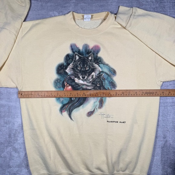 Vintage Nature Sweatshirt Mens XL Yellow Jan Taylor Native American Wolf - Picture 10 of 11